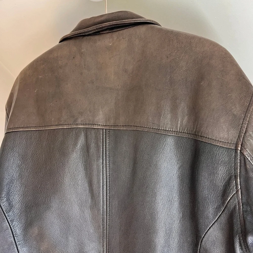 Vintage J. Crew Leather Jacket Size L Brown 90s Oarsman Full Zip Bomber Coat
